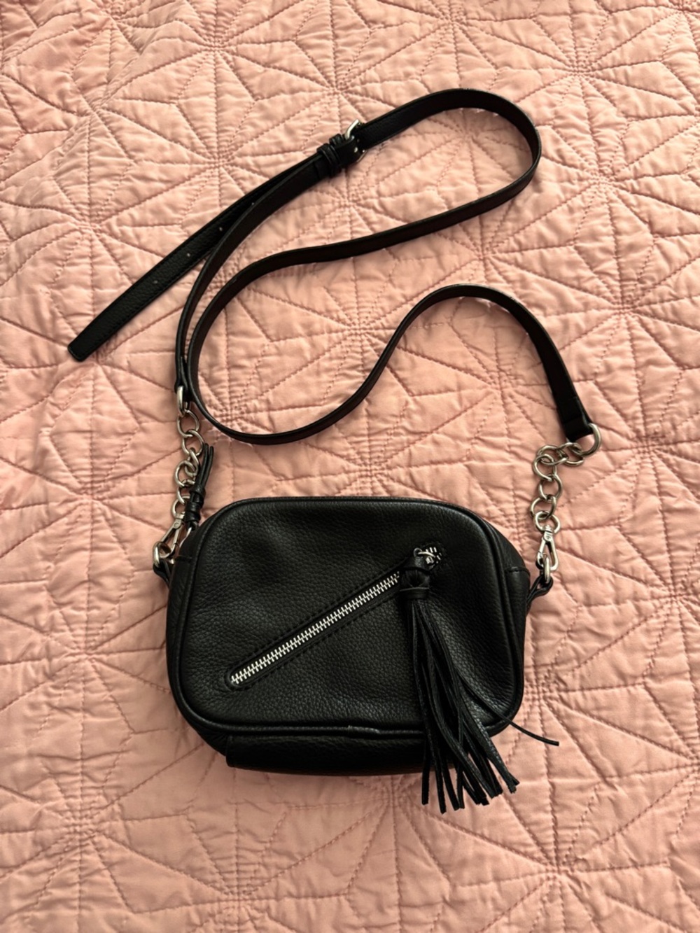 Sanctuary Black Leather Crossbody with Tassel and Chain Strap